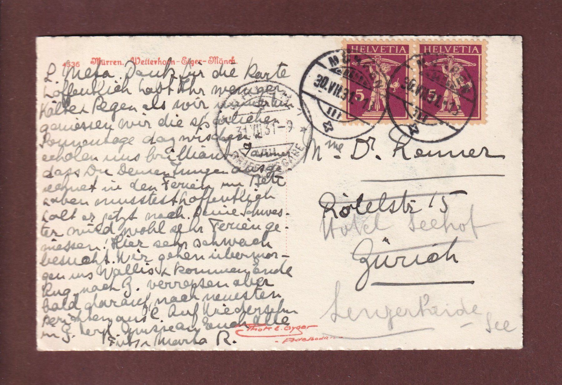 Cartoline postali: MÜRREN - 1931 – Usato da Pully venduto da nicecards 1