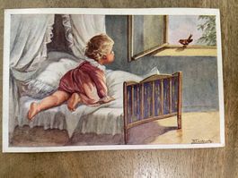 Alte Ansichtskarte, Kind am Fenster, Vogel Kunstkarte