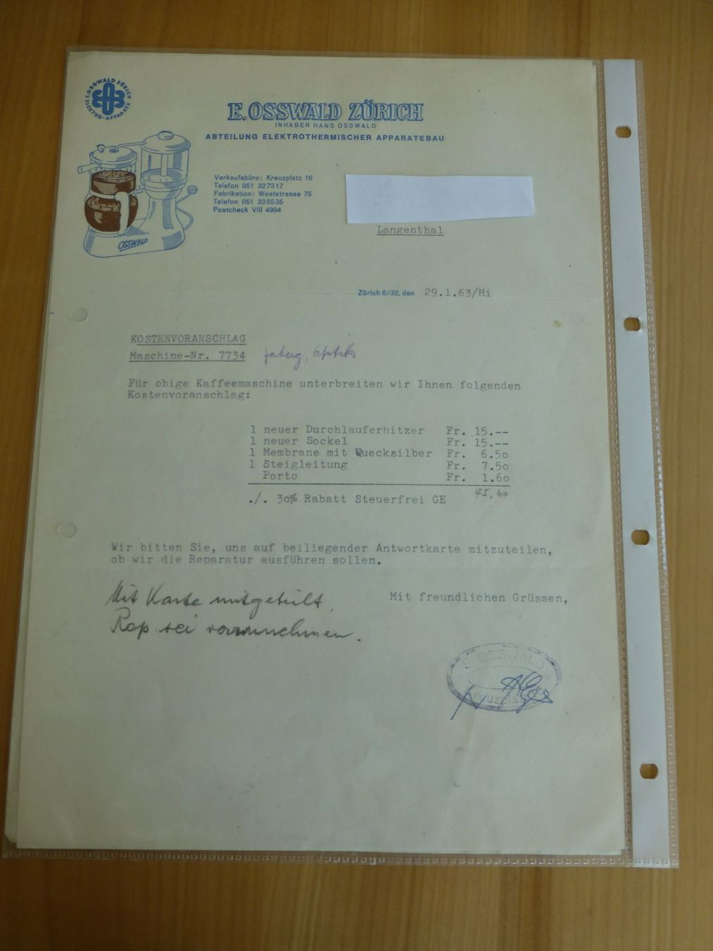 Documenti: Zürich, E. Oswald Apparatebau, 1963 – Usato da Bettlach venduto da 1saurer