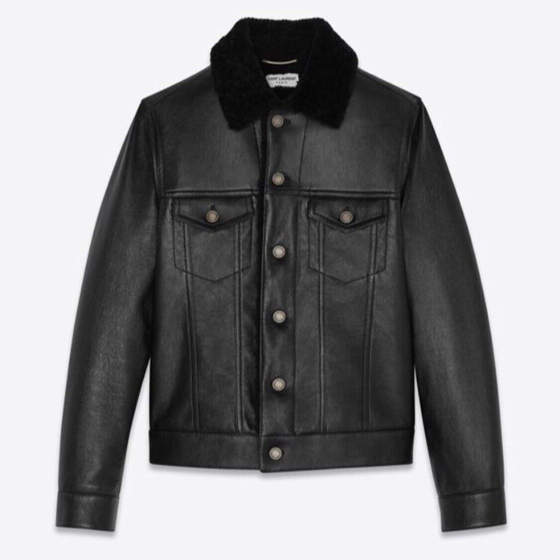 Saint Laurent Giacche: Saint Laurent Shearling Lined Leather Trucker Black Lambskin – Nuovo (secondo la descrizione) da Zürich venduto da dodichnobli