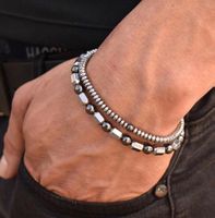 ARMBAND ELEGANT 2ER SET HERREN CHARM PERLEN FLEXIBEL SILBER