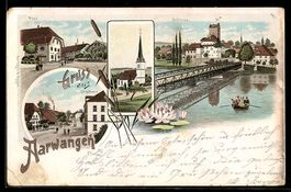 Lithographie Aarwangen, Schloss, Post, Schulhaus und Kirche