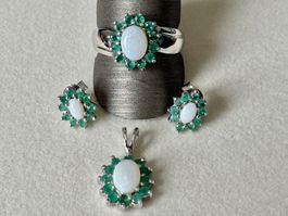 Set aus Opal und Smaragde, Silber 925, Gr. 58
