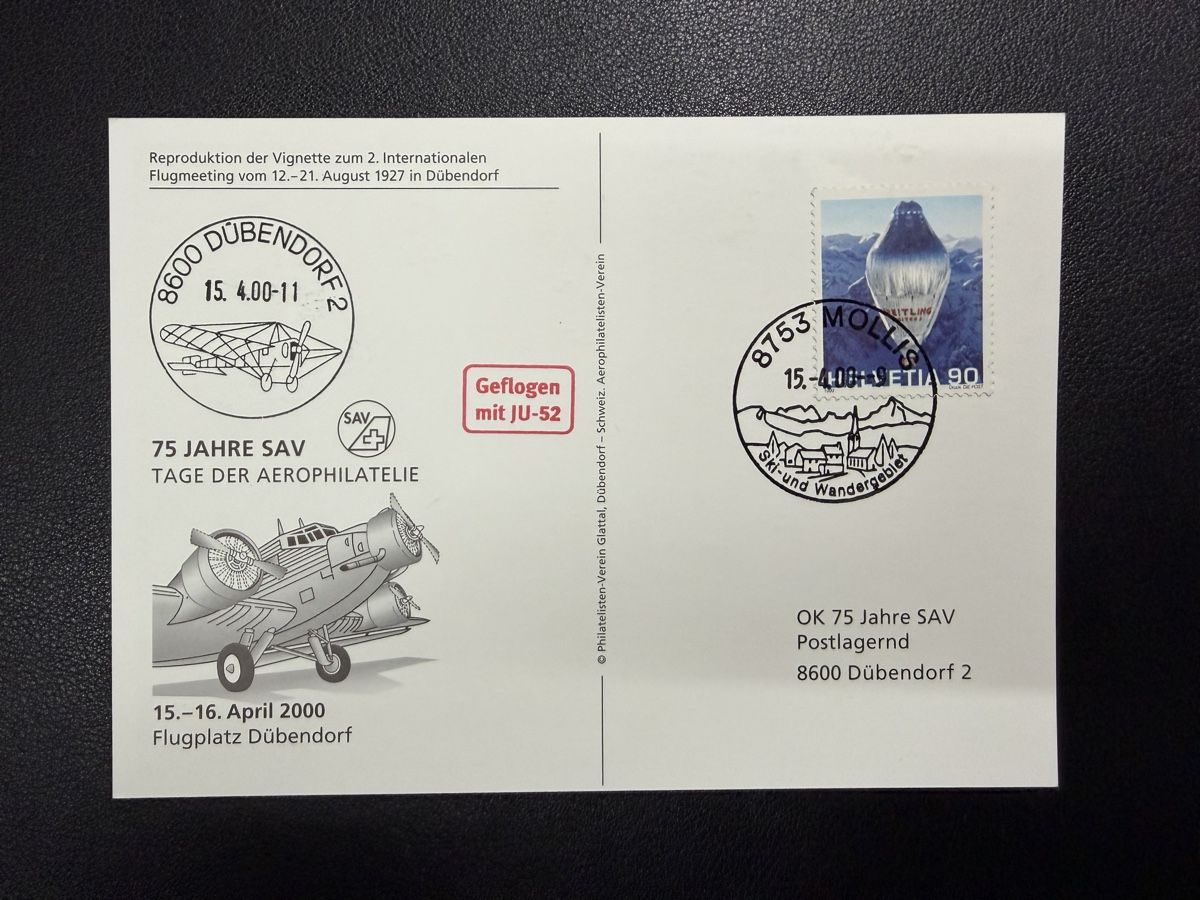Tutti i francobolli: Sonderflugkarte JU-52 Dübendorf 2000 – Usato da oberrüti venduto da jeanmei
