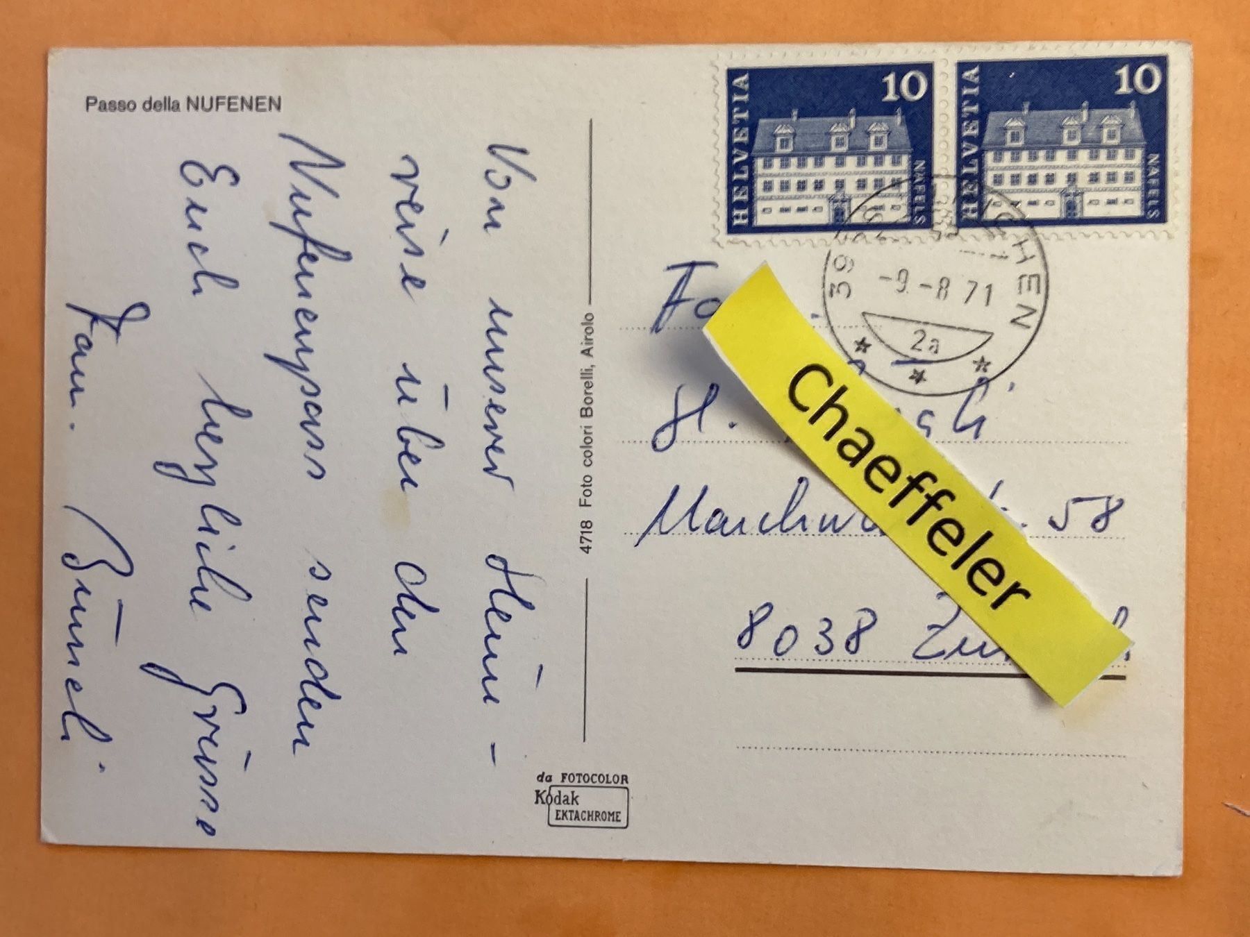 Cartoline postali: 1971 Passo della Nufenen – Usato da Zürich venduto da Chaeffeler 1