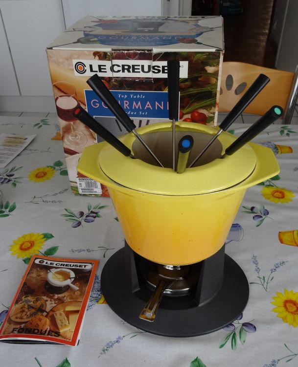 Caquelon à fondue vintage en fonte émaillée Le Creuset ~ Blue Paon / design paon - Made In France - France