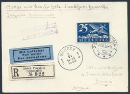 Flugpost Schweiz 1933 ZH-Frankfurt F-Köln K-Brüssel Luftpost
