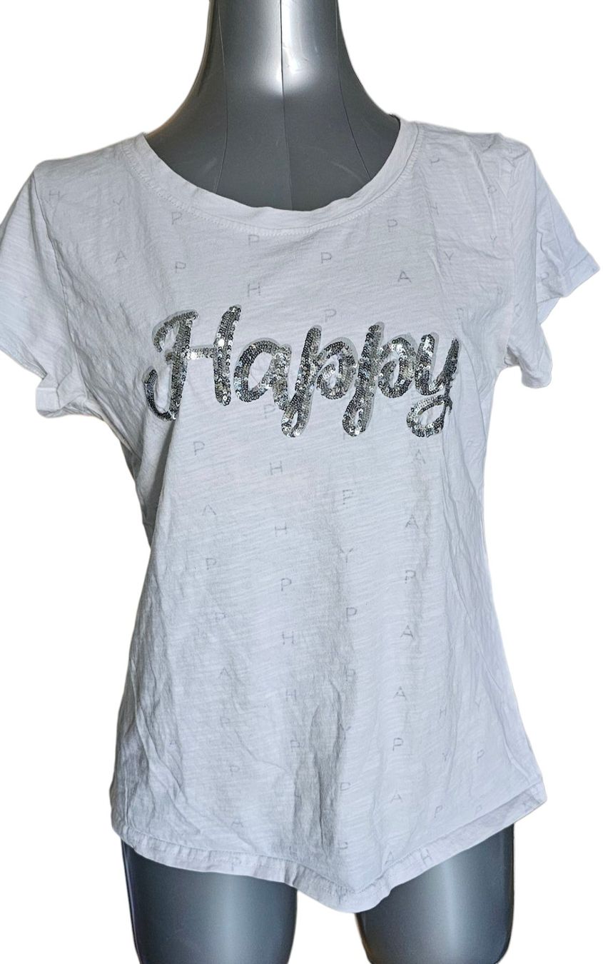 Zebra T-Shirts: Weisses Happy T-Shirt, Grösse L – Gebraucht aus Langenthal von SecondChanceShop