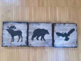 Set of 3 Animal Wall Art Prints Wood Effect New