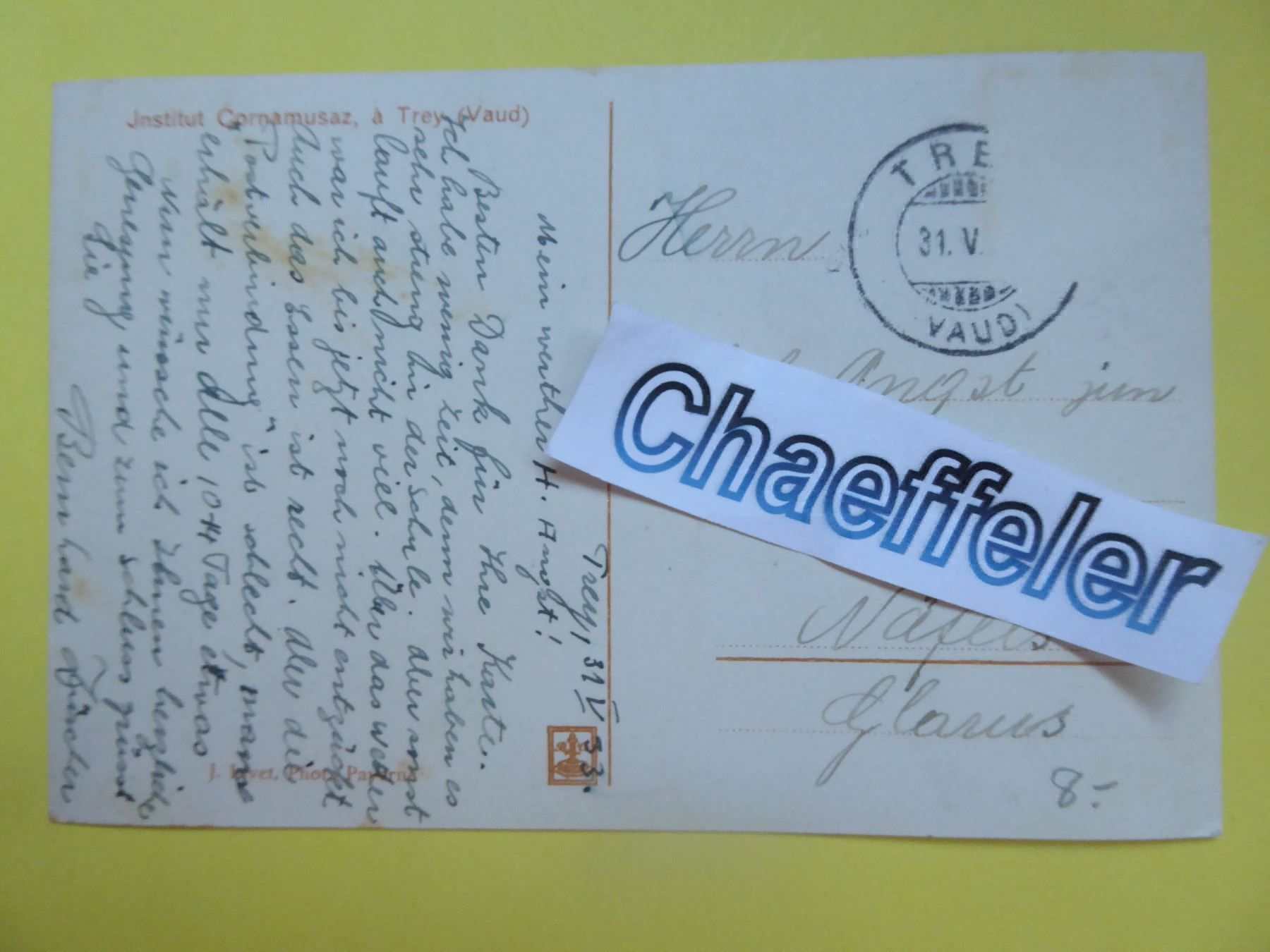 Cartes postales: Institut Cornamusaz, à Trey (Vaud) – D'occasion à Zürich par Chaeffeler 1