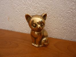 Katze Tier Figur in Messing 9 cm Skulptur handgefertigt vint
