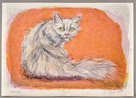 Katze auf Rot, Lithographie von Fritz Hug, handsigniert