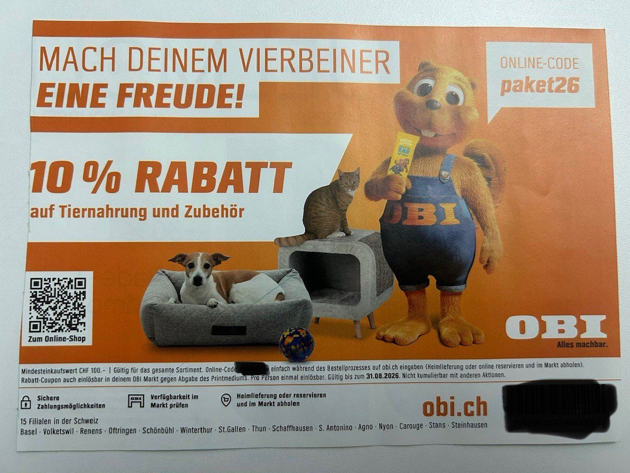 Buoni: OBI Tiernahrung & Zubehört10% – Usato da Burgdorf venduto da MCSchweizer88