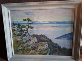 Tableau Henry Sandoz, paysage brumeux montagne automne, 1952