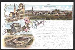 Bülach farbige Lithografie 4 Bilder Glashütte Rathaus etc.