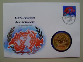 2002: Numisbrief: UNO-Beitritt der Schweiz vergoldet+Nr.1059