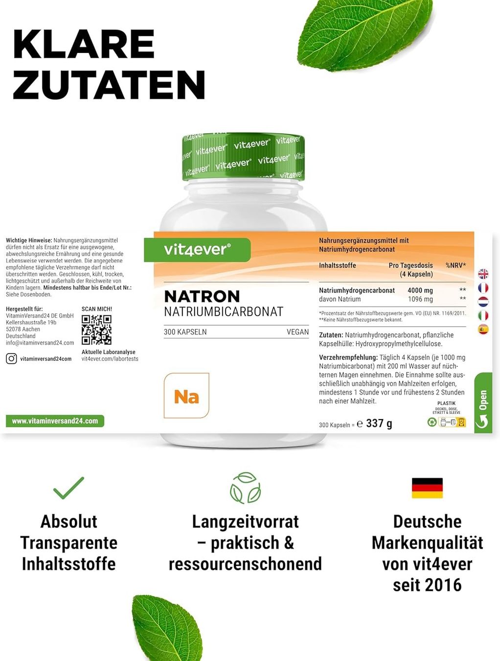 Cibi & Specialità: Vit4ever Natron Kapseln 1000 mg 300 Stk – Nuovo e nell'imballaggio originale da Suhr venduto da SchnapperCH 4