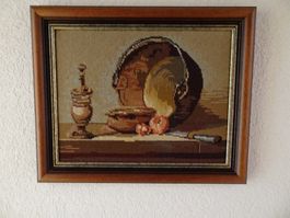 Gobelin-Bild Stillleben selbstgestickt, sehr schöner Rahmen