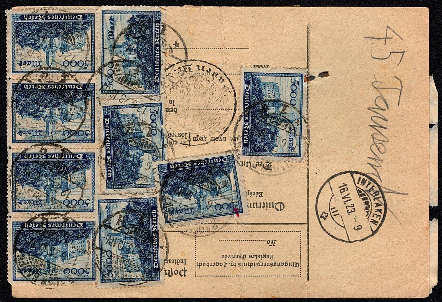 Tutti i francobolli: 1923_DR - Versand-Beipackzettel v. Baden-Baden - Interlaken – Usato da Thun venduto da Nissan 1