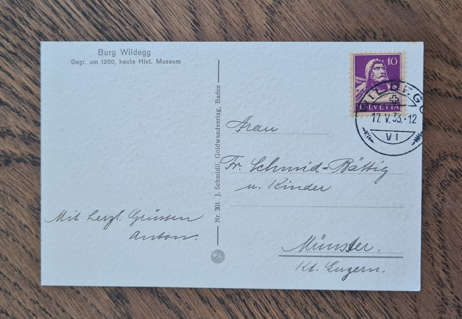 Cartoline postali: Schloss Wildegg mit Burghof 1933 – Usato da Ebikon venduto da Donar50 1