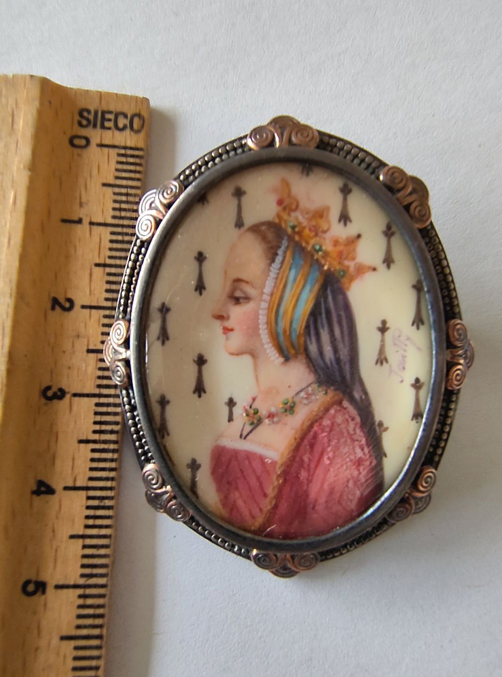 Spille & Fermagli: Handgemalte Miniatur-Brosche, um 1900, signiert – Usato da Zürich venduto da 007Merlin