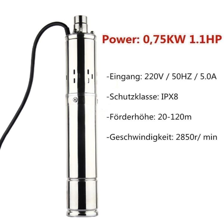 Tiefbrunnenpumpe 180 W – Edelstahl, 3000 Rpm, Förderhöhe 30 M, 263,96 Gal/h, 12 V, IP68, Auslass 2,5 Cm – Für Brunnen, Gärten & Regenwasser