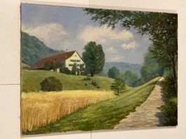 C. Annen Landschaftsgemälde signiert mit Hof, Weg, Wiese