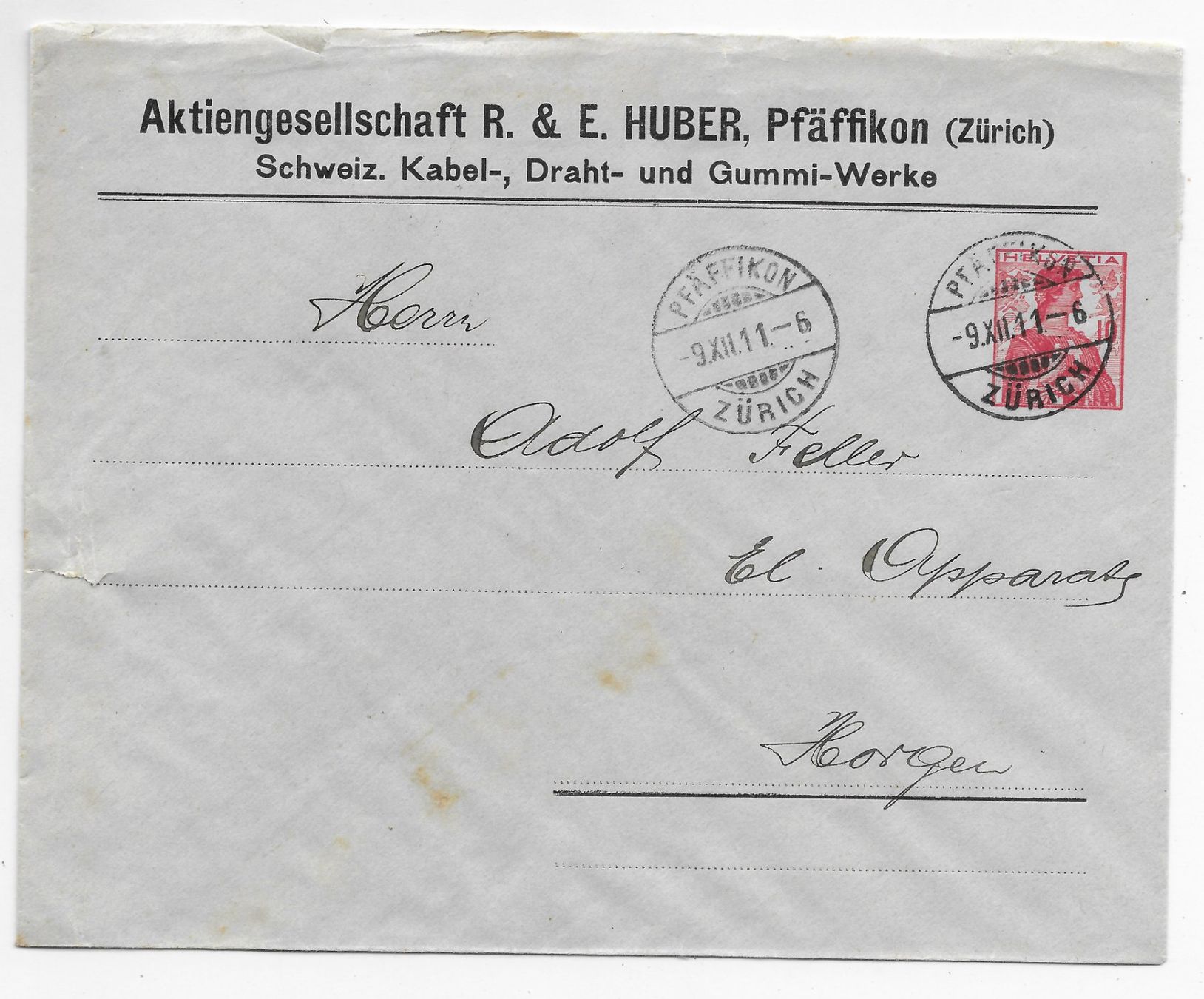 Alle Briefmarken: GS, Aktiengesellschaft R.&E. Huber Pfäffikon 1911 – Gebraucht aus Hefenhofen von Richsalz