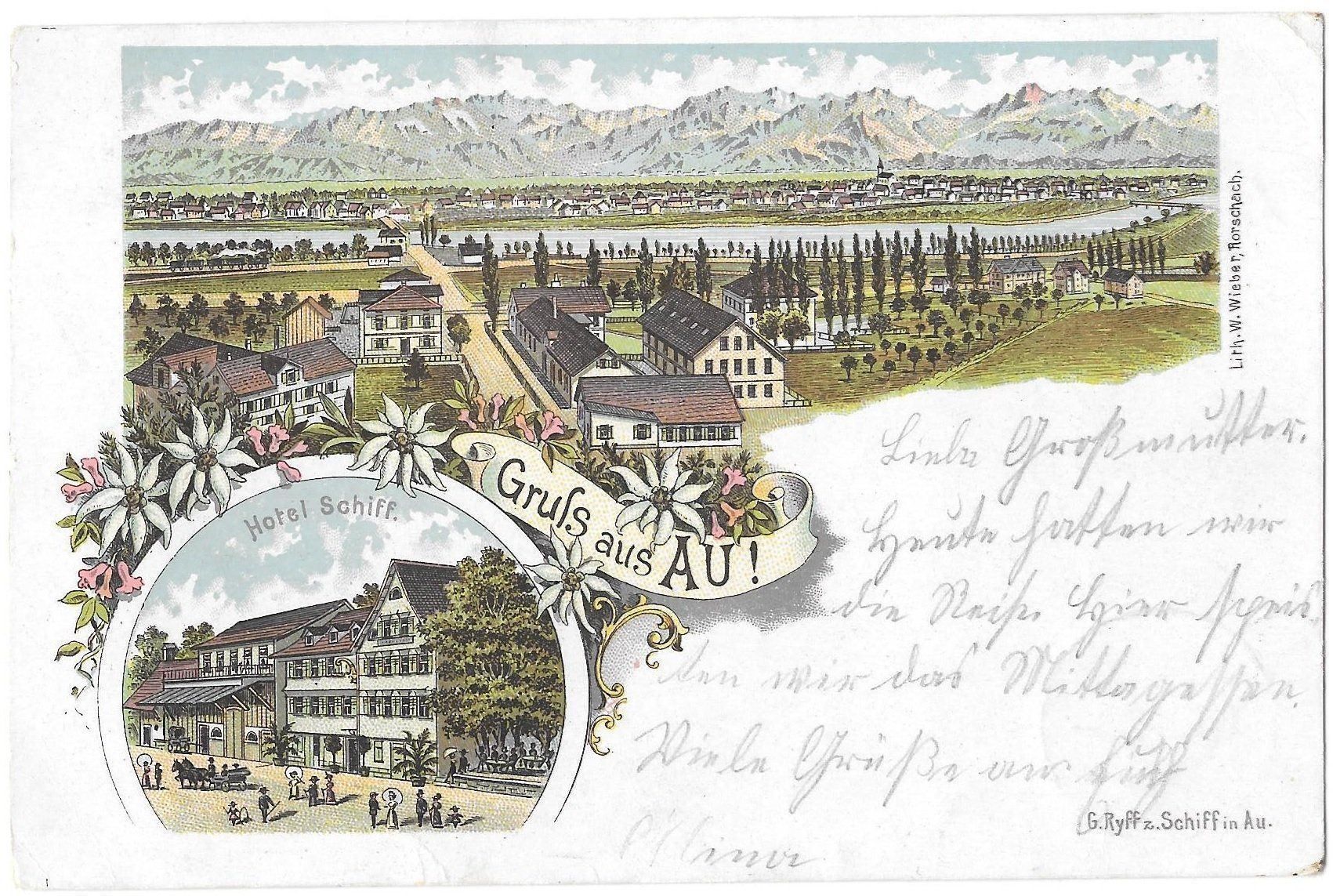 Cartoline postali: Au farbige Lithografie mit Hotel Schiff – Usato da Olten venduto da clotaldi