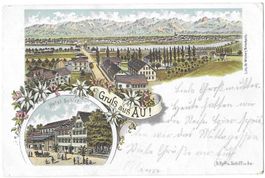 Au farbige Lithografie mit Hotel Schiff