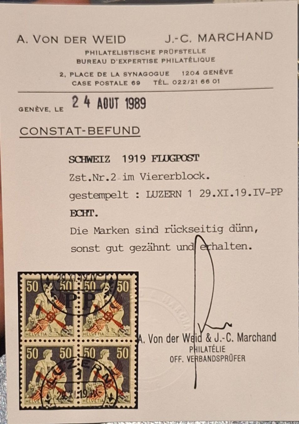 Tutti i francobolli: F2 Viereblock mit Attest Kat. 1800.- – Usato da Balgach venduto da SIMEON27 2