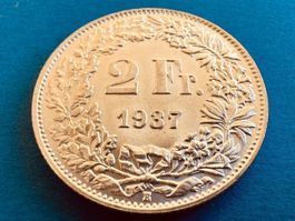 2 Franken 1937 Silber in Stempelglanz, Prachtsexemplar rar!
