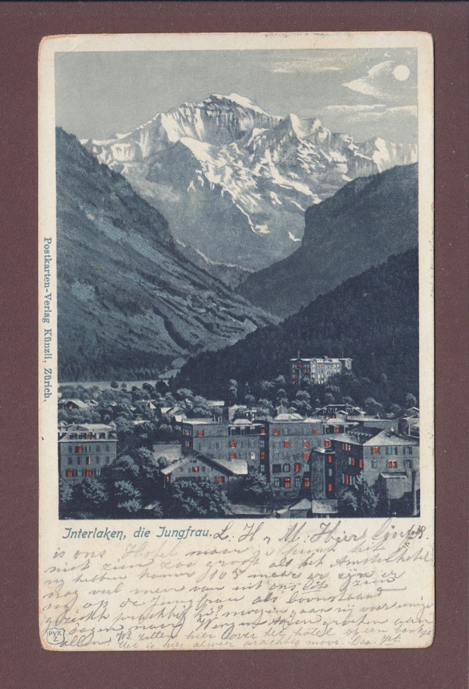 Cartoline postali: INTERLAKEN - Jungfrau bei Nacht - 1900 // Eckbug // – Usato da Pully venduto da nicecards