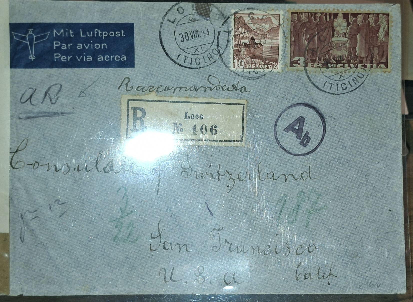 Tutti i francobolli: Flugpostbrief Tessin - San Francisco Luftpost ! – Usato da Balgach venduto da SIMEON27