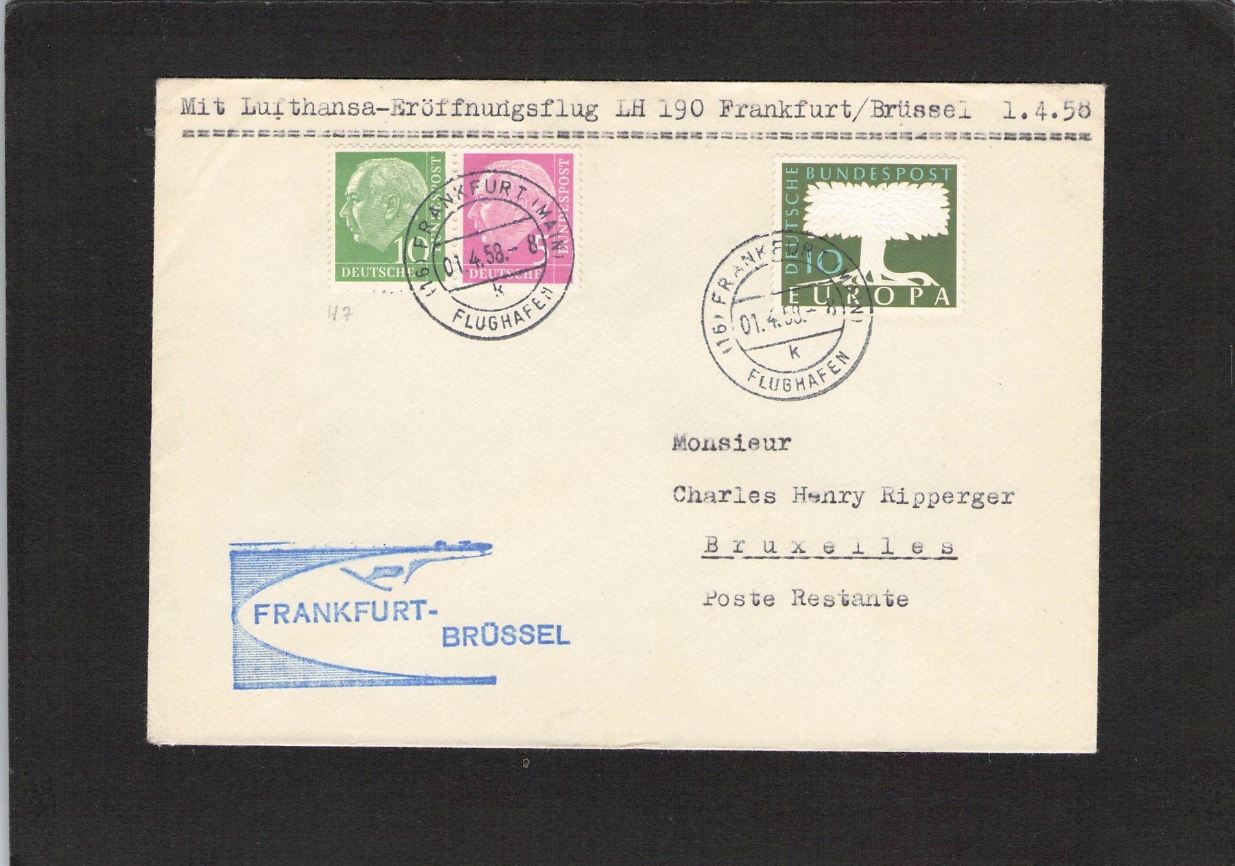 Tutti i francobolli: Lufthansa: Erstflug Frankfurt - Brüssel , 1.4.1958 – Usato da Reichenburg venduto da Pipo-67