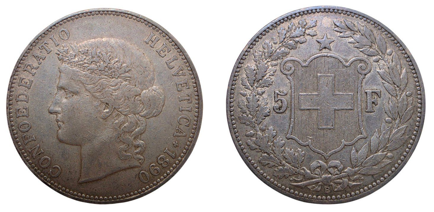 Tutti le monete: Suisse / Switzerland 5 francs 1890 – Usato da Genève venduto da Numis-Magna