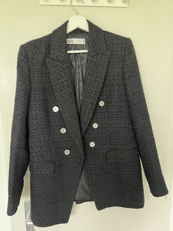 Damen Blazer ZARA Schwarz Grösse M Doppelreihig Tweed