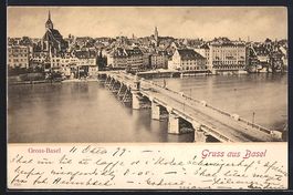 AK Basel, Flusspartie mit Brücke, 1899