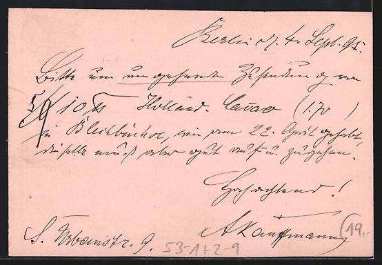 Ansichtskarten: Vorläufer-AK Berlin, 1895, Packetfahrtk – Gebraucht aus Berlin von bartko-reher 1