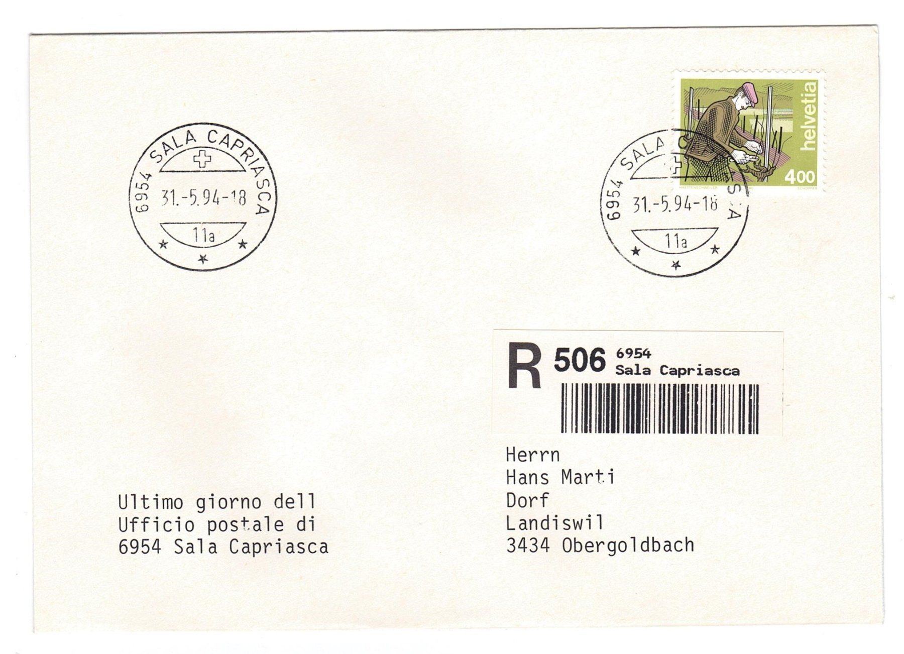 Alle Briefmarken: Letztagsbrief: Schliessung Poststelle 6953 SALA CAPRIASCA – Gebraucht aus Büetigen von philat