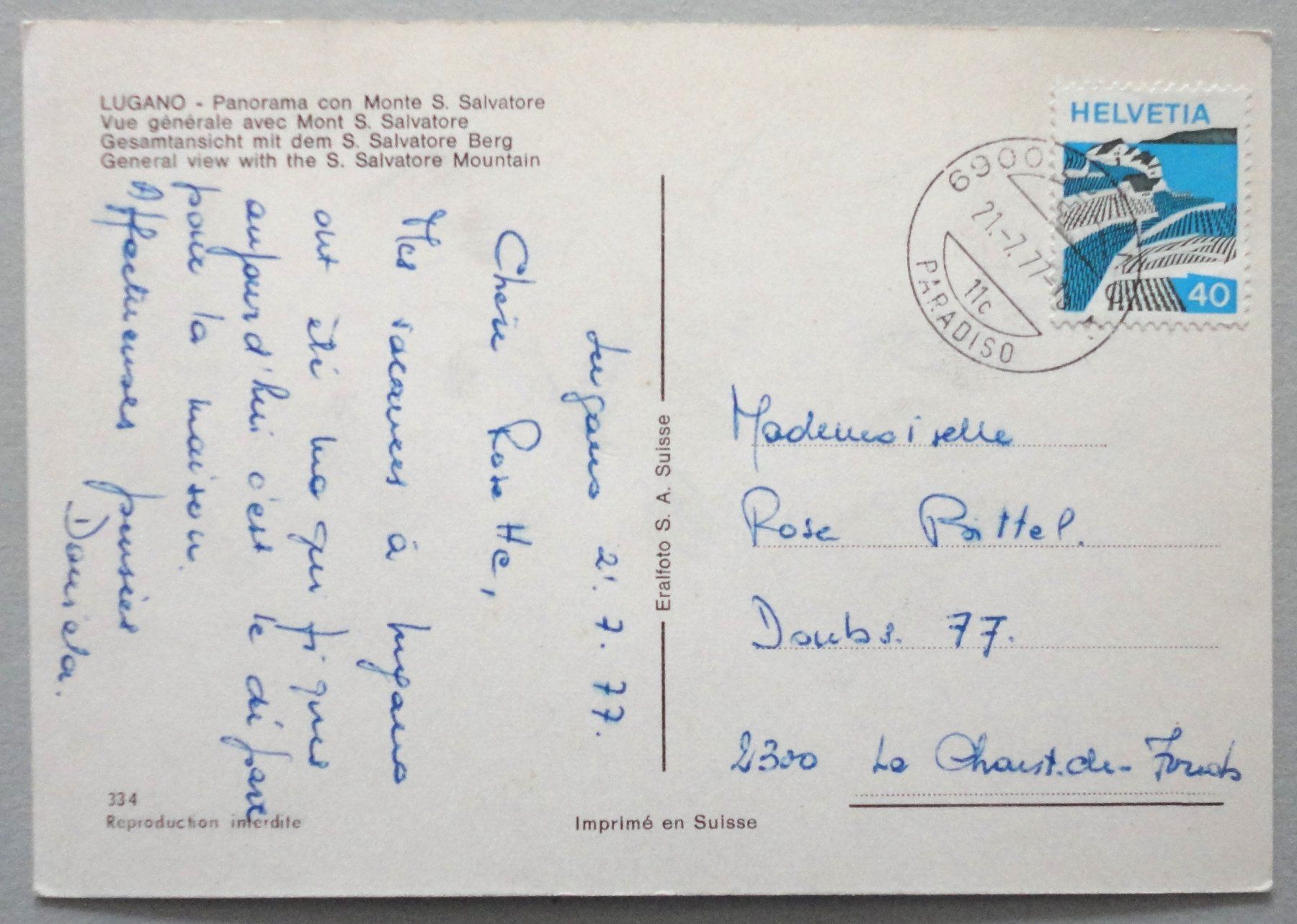 Cartoline postali: Lugano - Panorama con Monte S. Salvatore – Usato da Fétigny venduto da Billy2miny 1