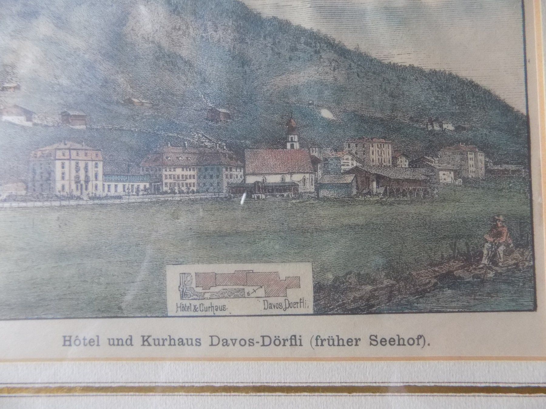 Incisioni: Davos Dörfli koloriert Goldrahmen – Usato da Risch venduto da Antikfee 2