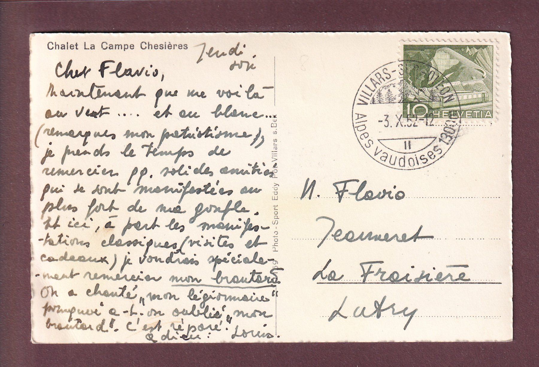 Cartoline postali: CHESIERES - Chalet La Campe - 1952 – Usato da Pully venduto da nicecards 1