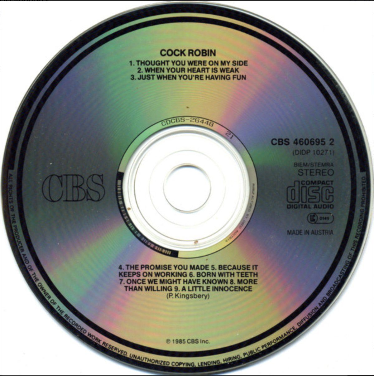CD: Cock Robin – Cock Robin – Usato da Brunnen venduto da Barfly5 2