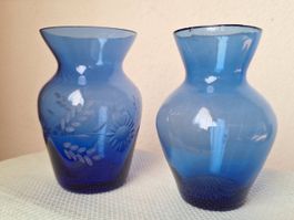 2 Vintage Vasen mundgeblasen blau ,1 xgeschliffen