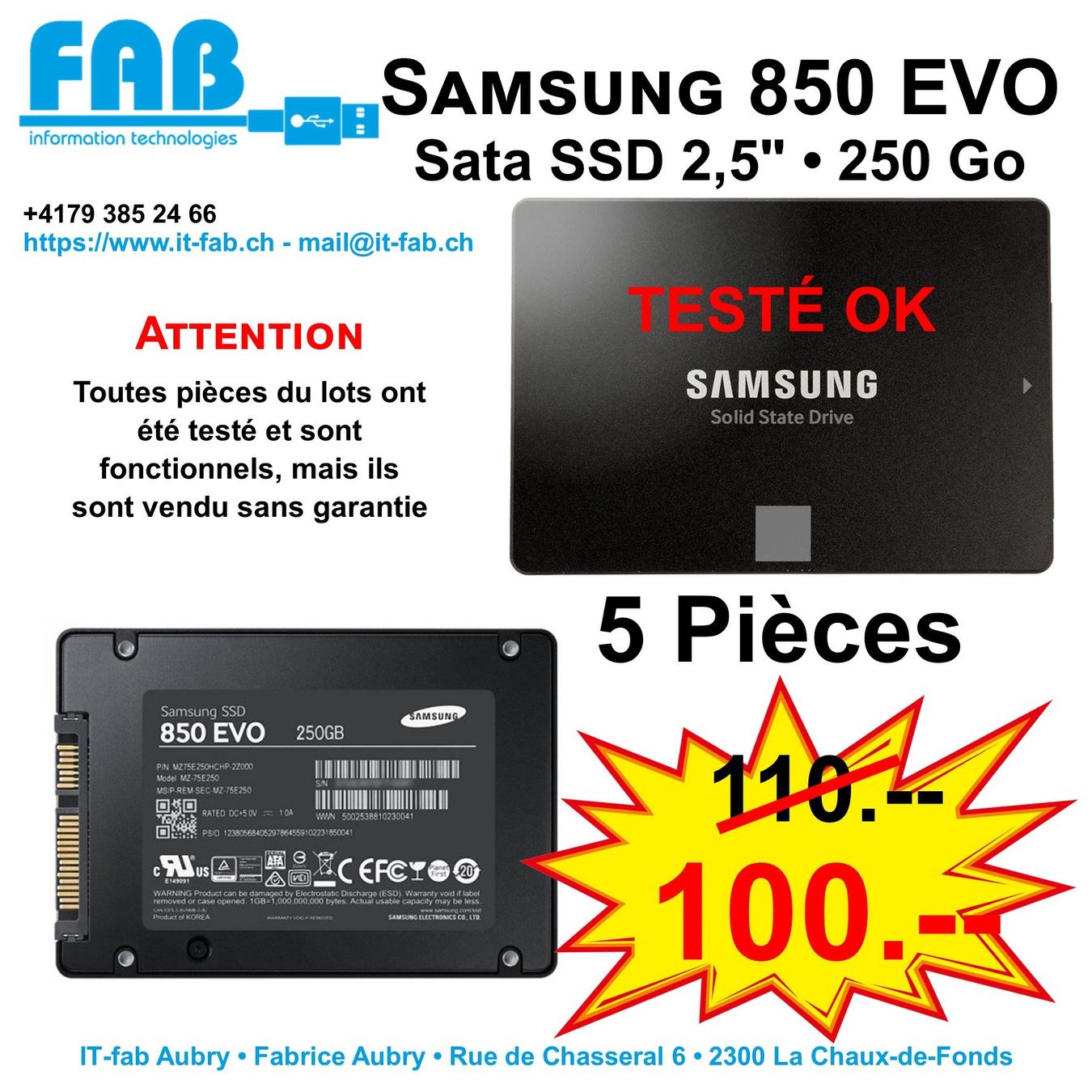 Samsung Dischi rigidi: SSD 2,5" Samsung 850 EVO 250 Go – Usato da La Chaux-de-Fonds venduto da it-fab 1