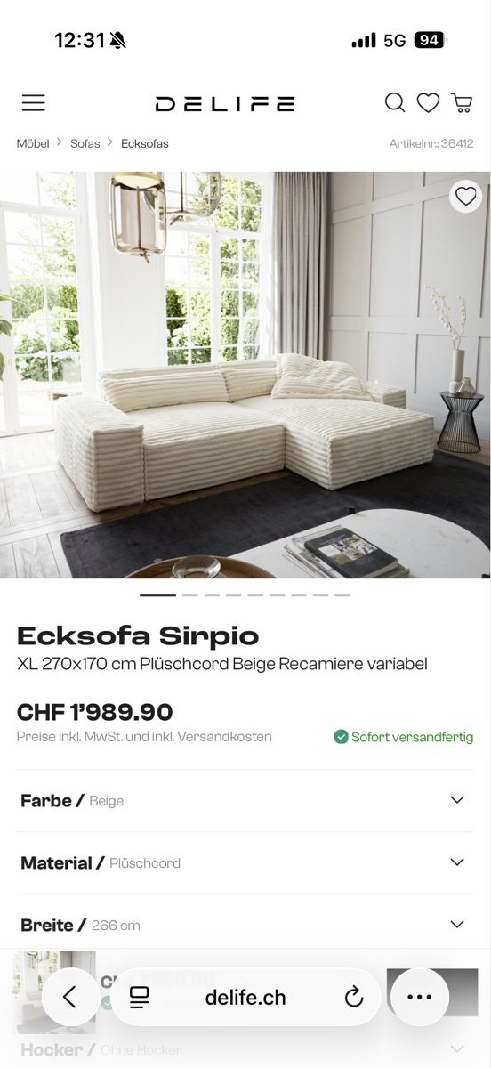 Divani: Sofa in Plüschcord beige – Usato da Buchs SG venduto da dar_9j67 2