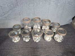 Windlichter Gläser mit Jute und weissen Steinen, 9 Stück, Ho