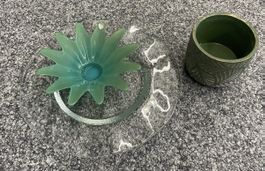 Grüner Blumentopf mit Blattmuster & Glasteller Blütenschale 