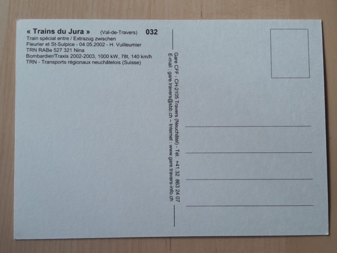 Ansichtskarten: Carte postale : TRN rame "Nina" RBe 527 321 à Fleurier – Gebraucht aus Buttes von Cafe2005 1